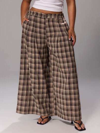 Rustia Plus Size Fashion Versatile Personalized Vintage Retro Commute Casual Plaid Pleated Loose Wide Leg Pants, Brown Versatile Commute Fashion Wide Leg Pants, Slimming Leg-Lengthening Height-Enhancing Versatile Pants, Suitable For Back To School, Graduation, Valentine's Day, Music Festival, Mother's Day, Halloween, Thanksgiving, Easter, National Day, Party, Date, Outing