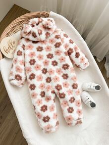 SHEIN LMoss Kids 新生女嬰可愛秋冬款毛茸茸花卉圖案長袖連帽連身衣 - 米色 - 查看 2