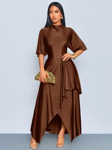 SOLERSUN Women's Summer Autumn Fashion Elegant Sage Green Draped Neck Long Dress With Ruffle Short Sleeves, Cinched Waist And Asymmetrical Ruffle Hem, Suitable For Daily Wear, Dating And Party - Coffee Brown - View 6