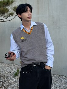 DAZY 男士字母刺繡圖案休閒日常針織背心 - 灰色 - 查看 5