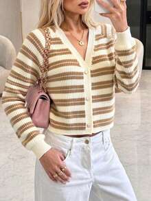 Autumina European And American Style Colorblock Striped Short Knit Cardigan For Women, Pearl Button V-Neck Puff Sleeve Soft Cozy Sweater Jacket, Autumn Casual - Multicolor - View 1
