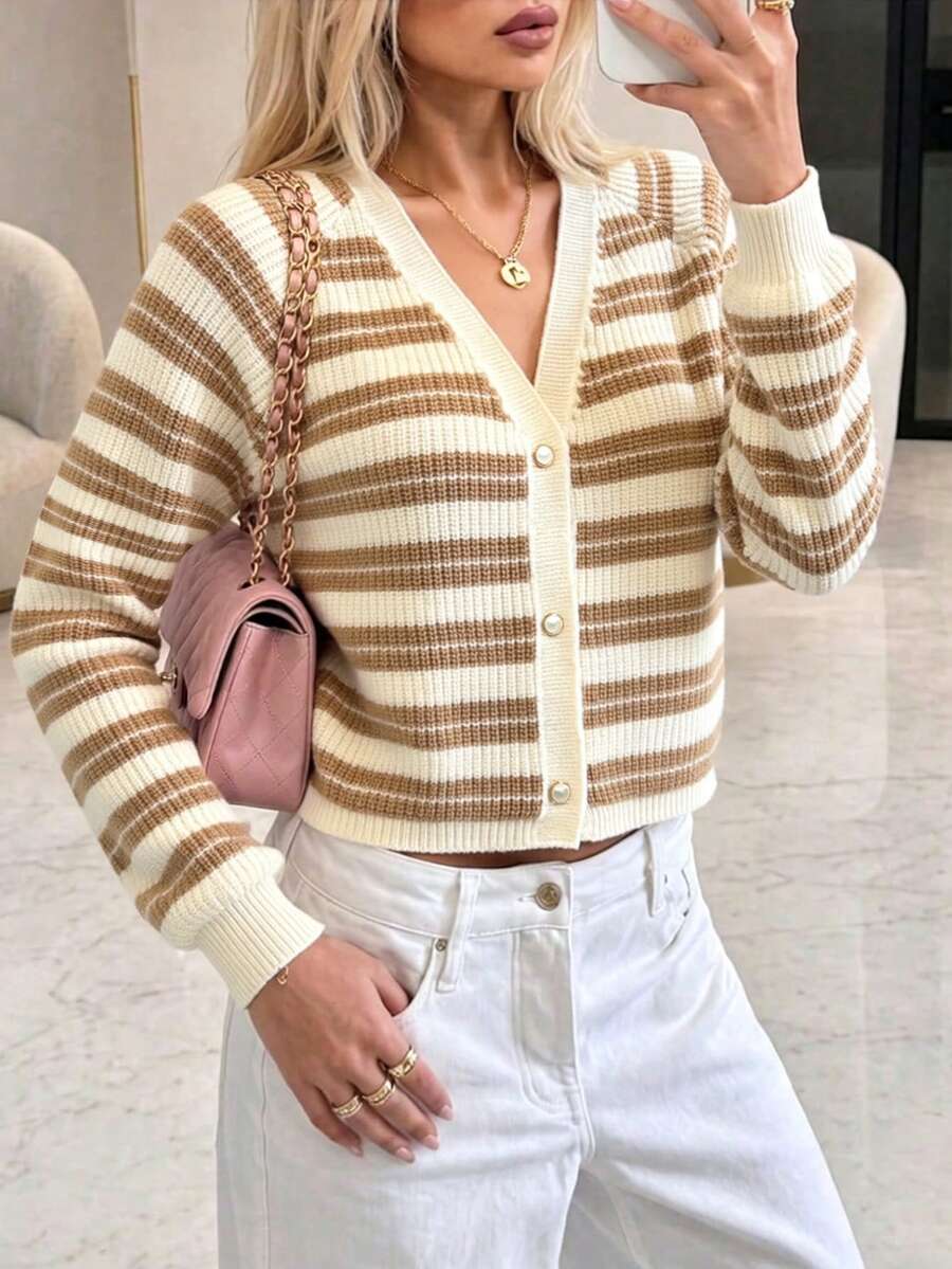 Autumina European And American Style Colorblock Striped Short Knit Cardigan For Women, Pearl Button V-Neck Puff Sleeve Soft Cozy Sweater Jacket, Autumn Casual - Multicolor - View 1