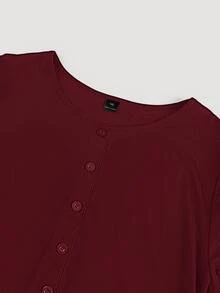 SHEIN Essnce Plus Size Summer Casual Solid Color Front Button T-Shirt - Burgundy - View 3