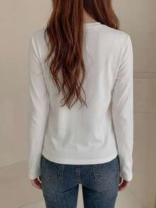 DAZY Women's Solid Color V-Neck Long Sleeve Casual Versatile T-Shirt - White - View 3