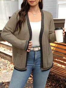 SHEIN LUNE Plus Size Fashion Minimalist Striped Colorblock Pocket Knit Cardigan - Khaki - View 7