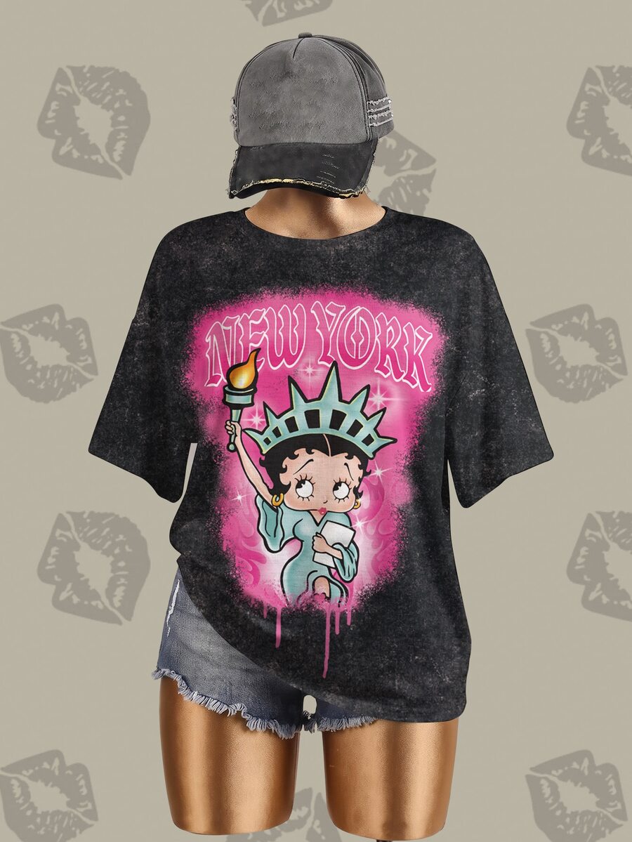 Betty Boop x SHEIN Plus Size Women's Letter Cartoon Print Casual Everyday T-Shirt - White - View 1