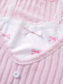 SHEIN 女童粉色針織開襟衫與細肩帶背心兩件套，附蝴蝶結刺繡寬腿牛仔褲套裝，休閒時尚秋季日常穿著、上學與外出穿搭 - 粉色 - 查看 4