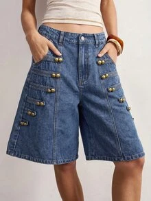 Bohemela Women's Napoleonic Military-Inspired Denim Shorts For Fall, Featuring A Vintage Wash And A Blend Of '70s, '90s, And Y2K Streetwear Styles / Blue - Blue - View 3