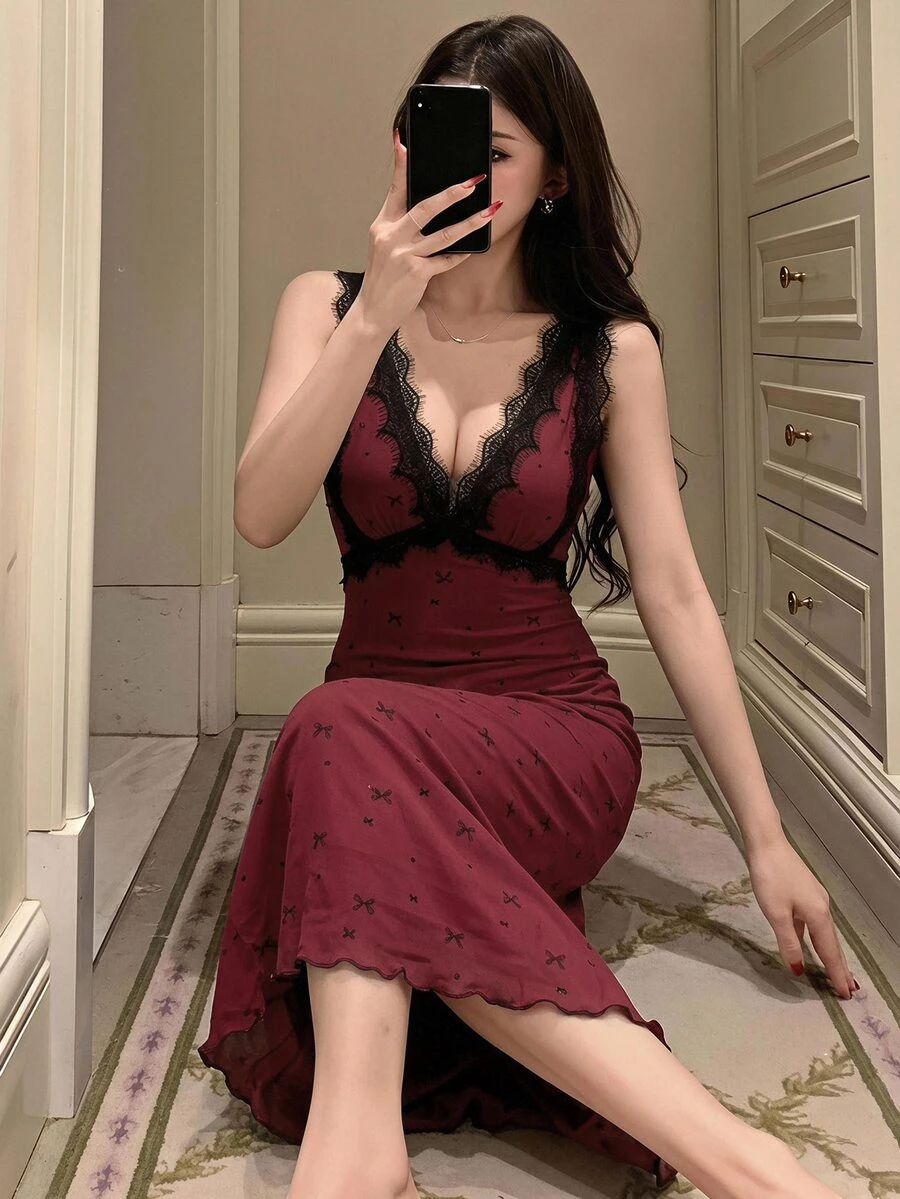DAZY Autumn/Winter Bow Pattern All-Over Print Contrast Color Lace Patchwork Waist-Cinching Long Dress Summer Outfit Women's Nightgown - Burgundy - View 1