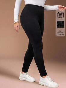 SHEIN BASICS 大尺碼女款保暖刷毛純色彈性腰休閒柔軟修身百搭內搭褲 正式健身適用 黑色 秋冬 - 彩色 - 查看 8