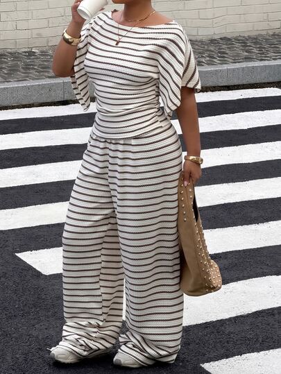 Muchica Plus Size Women's Striped Batwing Short Sleeve Top And Wide Leg Pants Casual 2 Pieces Set
