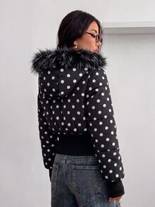 Coolane 女款秋冬街頭風休閒 Y2K 日常穿搭 時髦外出保暖圖案波點黑色修身長袖連帽冬外套 - 黑色 - 查看 8
