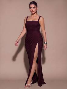 SHEIN BAE CURVE Plus Size Women Elegant Pleated Front Slit Dress For Date - Maroon - View 3