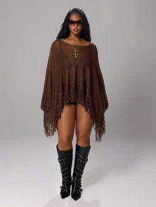 Rustia Sweater Ukuran Besar dengan Rumbai di Bagian Bawah dan Lengan Kelelawar untuk Musim Gugur - Coffee Brown - View 5