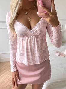 CovetEZ Women's Lace Striped Long Sleeve Casual T-Shirt - Pink - View 6