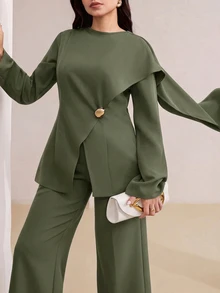 Veilorie 大尺碼優雅派對上衣與長褲兩件套 - 軍綠色 - 查看 3