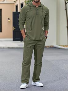 DAZY Spring/Autumn Military Green Hooded Pullover Button Half-Zip Elastic Waist Pants Men's Hoodie Set - Army Green - View 3