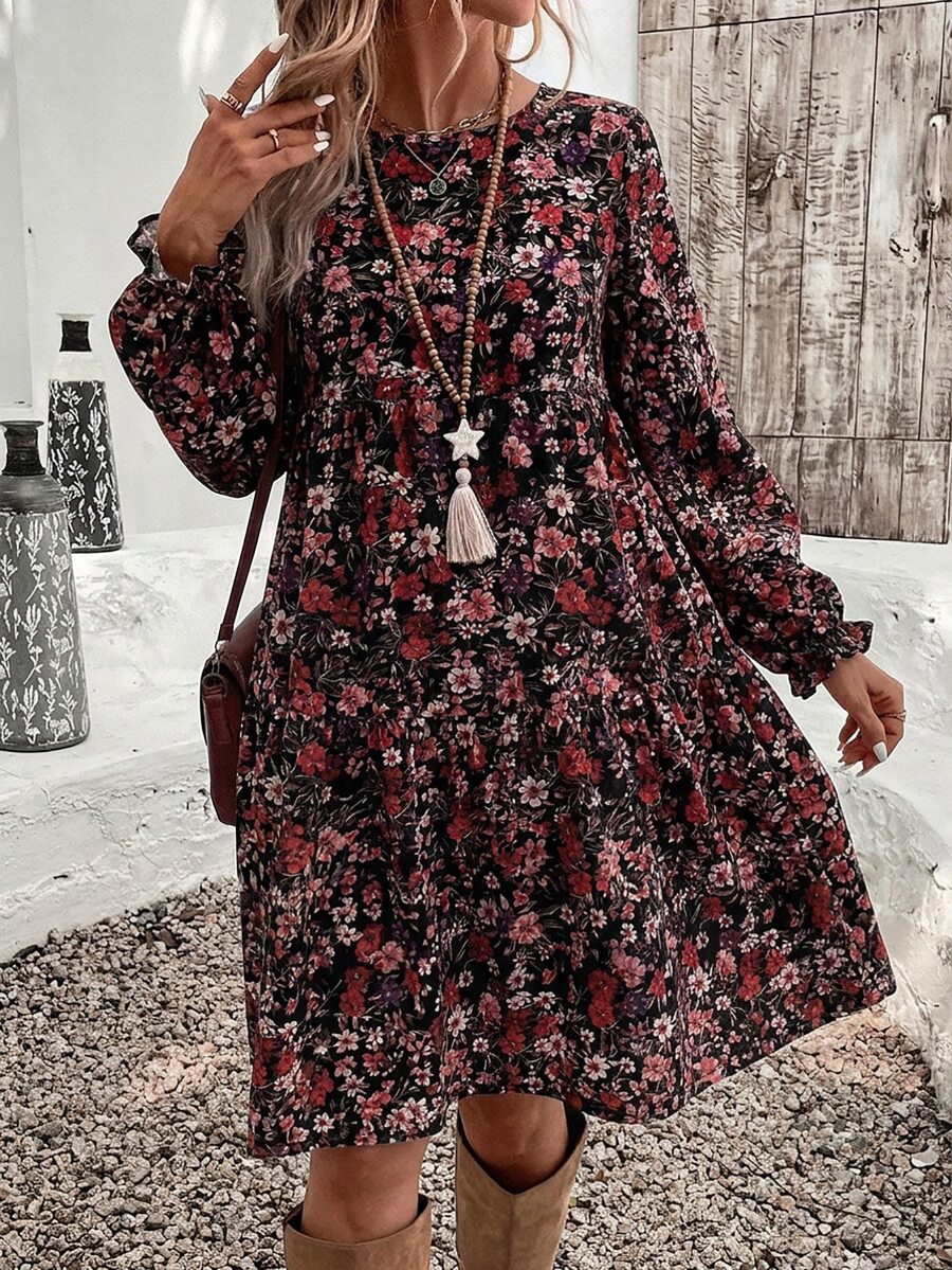 SHEIN VCAY 休閒簡約碎花圖案寬鬆圓領大尺碼洋裝,適合秋冬穿著 - 彩色 - 查看 1