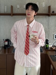 DAZY 男士紅色條紋長袖襯衫附領帶，春秋通勤學院風 - 紅色 - 查看 4