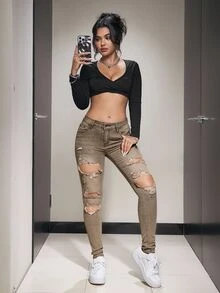SHEIN Unity 女款口袋磨損修身休閒百搭牛仔褲 - 棕色 - 查看 5