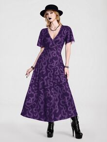 Breakform Blakeform Women's Gothic Style Summer Deep V-Neck Fitted Short Sleeve Black Snake Print Wrap Tie Long Slit Dress - Multicolor - View 3
