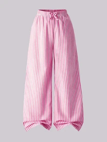 SHEIN 青少年女孩 3 件套服裝組合 粉色直條紋短版連帽外套 白色細肩帶背心上衣 與彈性高腰寬鬆寬腿長褲 時尚服飾 - 粉色 - 查看 5