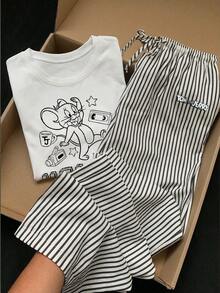 TOM & JERRY X SHEIN SHEIN EZwear 大尺碼女款卡通印花短袖T恤與條紋長褲套裝，適合外出、街頭穿搭、機場造型 - 彩色 - 查看 1