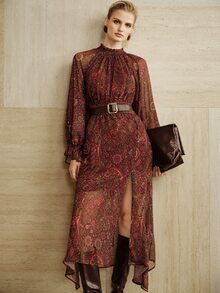 Arave Elegant Mature Style Lace Collar Waist-Cinching Design Flared Sleeve Geometric Print Side Slit Mid-Length Dress For Women - Multicolor - View 1