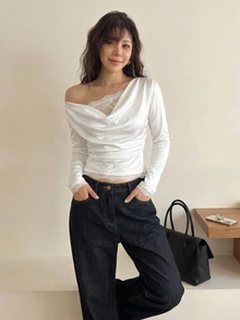 DAZY Solid Color Fitted Scoop Neck Long Sleeve Lace Trim Elegant Vacation Spring/Autumn Top Women T-Shirt - White - View 5
