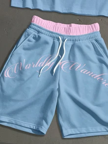 Manfinity Roghcode 男士標準尺寸落肩寬鬆短袖T恤與雙腰帶短褲套裝 - 藍色 - 查看 5