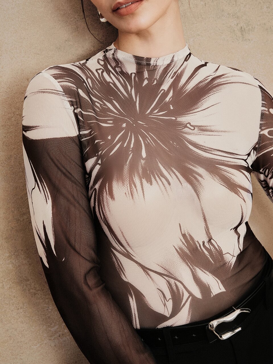 Elegant Fitted Semi-High Neck Brown T-Shirt For Women, Long Sleeve Premium Vintage Print Mesh Base Layer Top, Plus Size