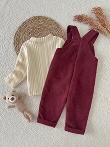 SHEIN 2件組 純色套頭長袖上衣與紅色燈芯絨3D兔子裝飾無袖吊帶連身褲套裝，適合0-3歲女嬰 - 彩色 - 查看 3