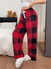 Napfluff Autumn/Winter New European & American Style Patterned Loose Casual Thermal Lined Thick Pajama Pants For Women - Red - View 4