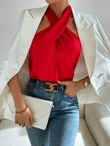 SHEIN Tall Women's Solid Color Fashion Versatile Criss-Cross Halter Neck Tank Top - Red - View 3