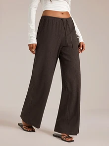 SHEIN Tall Women's Solid Color Tie Waist Wide Leg Loose Casual Versatile Pants - Brown - View 4