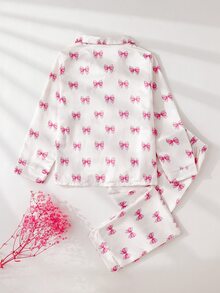 Tween Girls Pink Bow Print Lapel Open Front Long Sleeve Pants Set Flame Retardant Loungewear - White - View 2