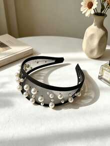 DAZY Fashionable Elegant Beaded Decor Wide Headband - Black and White - View 4