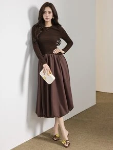 Heiryn Women's Solid Color Round Neck Long Sleeve Elegant Tulip Hem Mid-Length Dress - Brown - View 5