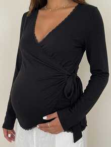 Dazy Maternity Contrast Lace Trim Fitted Asymmetric Tie-Up Long Sleeve Elastic Casual Daily Korean Style Versatile Spring Autumn Maternity T-Shirt - Black - View 3