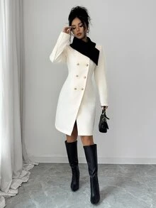Elenzga 女款休閒雙排扣金屬鈕扣圍巾領設計中長版拼色修身羊毛大衣 - 米色 - 查看 7