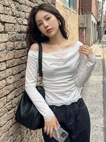 DAZY Solid Color Fitted Scoop Neck Long Sleeve Lace Trim Elegant Vacation Spring/Autumn Top Women T-Shirt - White - View 3