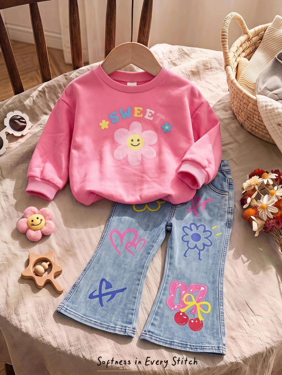 Cozy Pixies 女嬰連帽衫與運動衫套裝,甜美微笑臉印花圓領運動衫配喇叭褲 2 件套,可愛休閒穿搭 - 彩色 - 查看 1