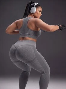 Powerista Women's Plus Size Summer&Spring Seamless Gray Color Textured Crop Top And Leggings Gym Set Perfect For Various Workouts Active Wear - Dark Grey - View 7
