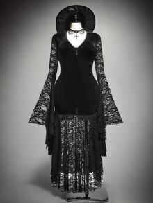 SHEIN ICON Plus Size Women's Autumn/Winter Retro Sexy Elegant Dark Gothic Style Velvet Patchwork Lace Flared Sleeves Ruffled Black Slim Fit Dress - Black - View 1