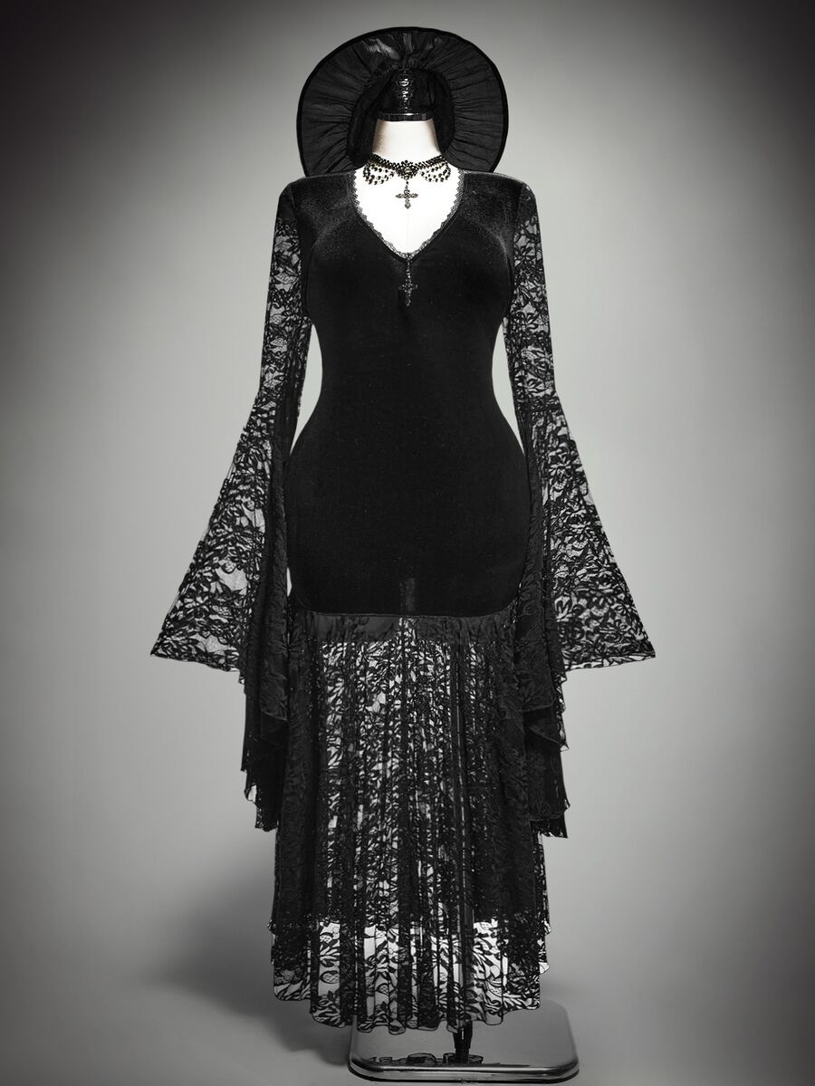 SHEIN ICON Plus Size Women's Autumn/Winter Retro Sexy Elegant Dark Gothic Style Velvet Patchwork Lace Flared Sleeves Ruffled Black Slim Fit Dress - Black - View 1