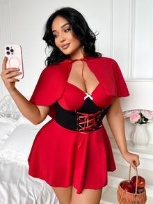 Fantasy Costume Fantasy Costume Women's Little Red Riding Hood Costume, Milk Silk Lace-Up Cami A-Line Skirt With Cape, 3-Piece Set - Red - View 3
