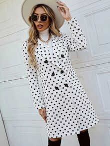 SHEIN Clasi Women's Elegant Long Double-Breasted Polka Dot Button Lapel Coat, Autumn/Winter - Black and White - View 6