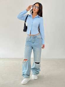 SHEIN PETITE 女款純色休閒百搭日常長袖襯衫 - 淺藍色 - 查看 3