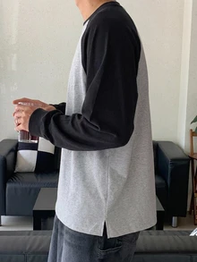DAZY 春秋款海軍藍與灰色花卉插肩袖拼接撞色韓版男士長袖T恤 - 淺灰色 - 查看 8