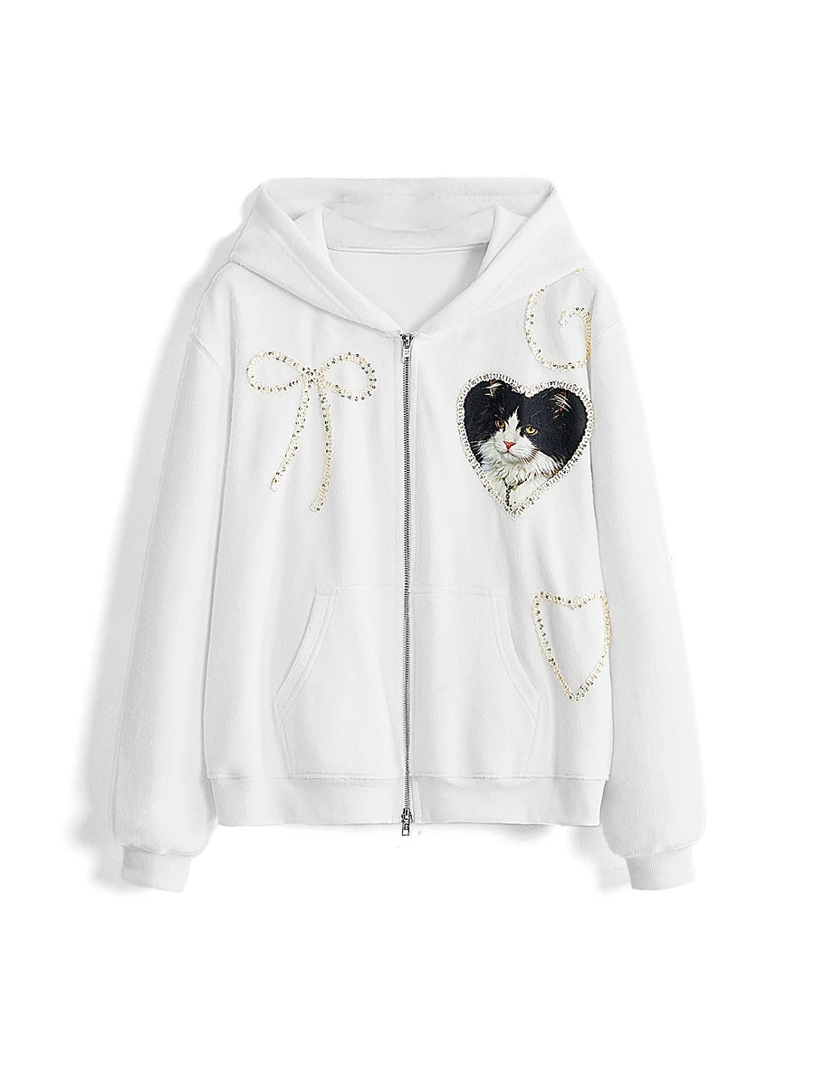 Sweetness Sweatshirt Wanita dengan Hiasan Pita Bordir Berbentuk Hati Kucing Lucu - Putih - View 1